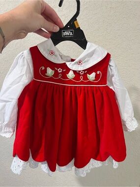 Vintage Red Embroidered Baby Dress with White Peter Pan Collar